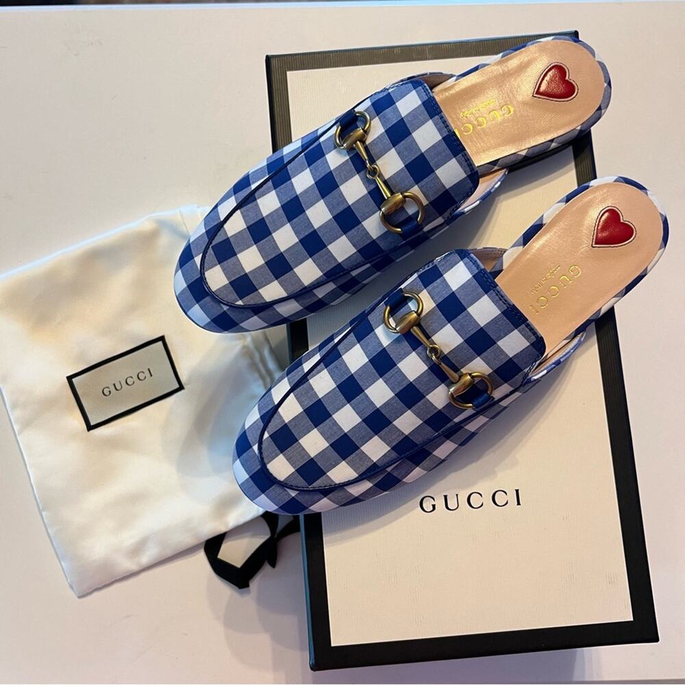 Gucci Princetown Horsebit Loafer Mule Fabric Gingham Checkered NEW  EU 36 US 6